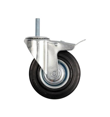 Kółko skrętne 200mm z czarną gumą, hamulcem i trzpieniem gwintowanym, łozyskowane 87337 Vorel